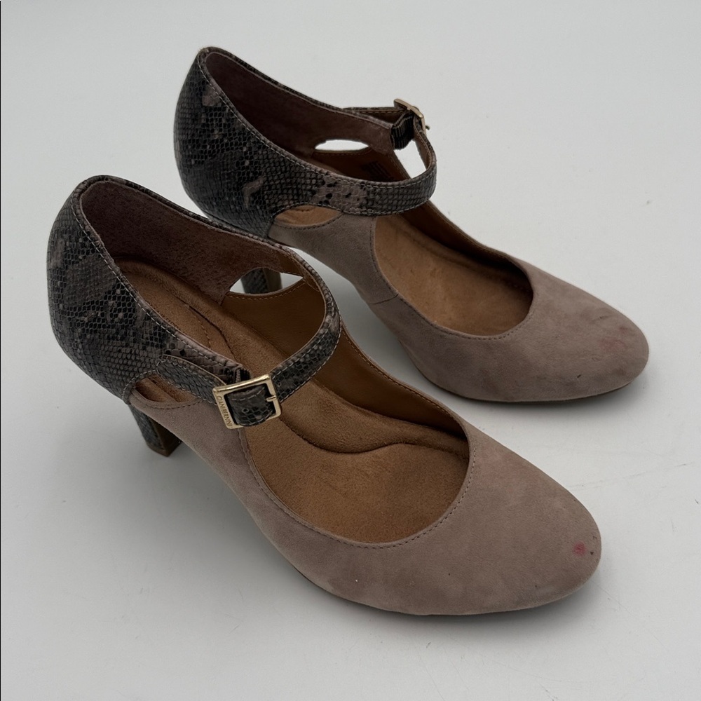 Giani Bernini  Taupe Suede animal print Women 7M Heels Mary Jane office Y2K goth - Picture 2 of 15